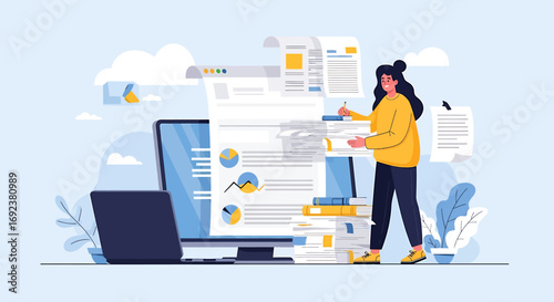 A businesswoman in a yellow sweater analyzes a long data scroll from a computer surrounded by massive stacks of paperwork and books in a modern flat illustratio. EPS Editable