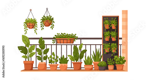 A charming balcony garden illustration with a variety of green houseplants in terracotta pots hanging baskets and a vertical wall planter. EPS Editable
