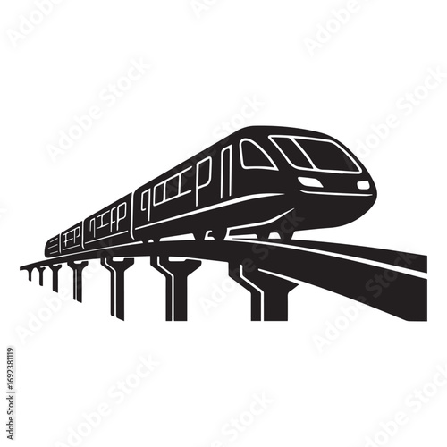 Sleek modern monorail train traveling on an elevated track against a white background