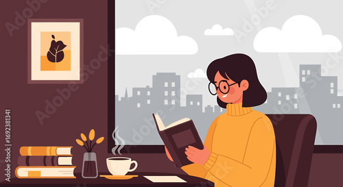 A happy young woman with glasses and a cozy yellow turtleneck sweater reading a book. EPS Editable