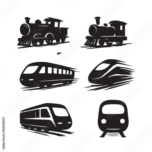 Collection of six silhouette illustrations of various train types from old steam locomotives to modern high speed trains