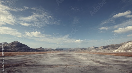 Perspective of an empty military airstrip, rugged and minimalist, with barren surroundings.