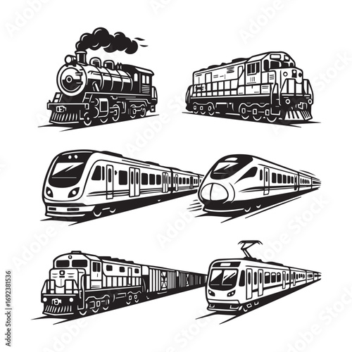 Collection of diverse train illustrations including steam locomotive diesel and modern electric trains