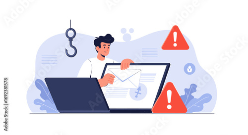 A man at a laptop receiving a phishing email with a hook and warning signs illustrating a cybersecurity threat. EPS Editable