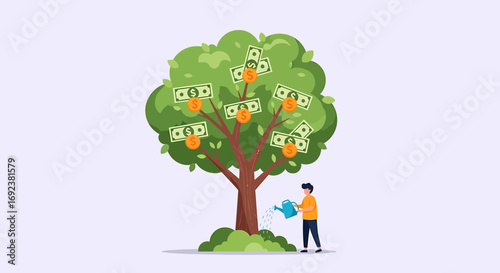 A man with a blue watering can nurtures a lush money tree with growing dollar bills and coins. EPS Editable