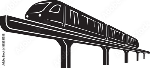 Sleek modern monorail train traveling on elevated track in a futuristic city silhouette