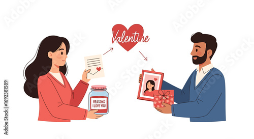 A romantic couple exchanging heartfelt Valentines Day gifts including a love letter a framed photo and a special jar. EPS Editable
