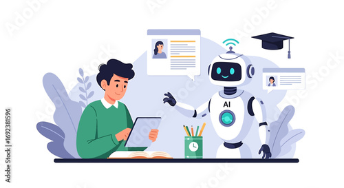 A student using a tablet interacts with a friendly AI robot tutor for modern education. EPS Editable