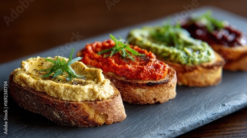 Colorful Bruschetta Appetizers on Slate Board - A Culinary Delight.