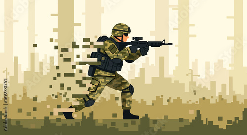 Advancing soldier in digital camouflage with a rifle featuring a pixelated dissolving effect. EPS Editable