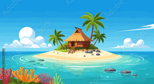 Cartoon tropical island paradise with a thatched roof hut on stilts palm trees and a sandy beach. EPS Editable