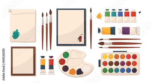 Comprehensive artists toolkit illustration with paints brushes palettes and paper sheets. EPS Editable