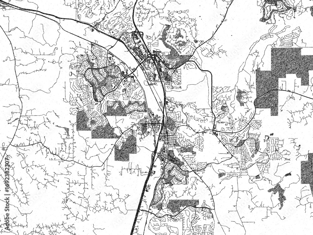 Naklejka premium Illustrated city map of Castle Rock, Colorado, in black and white, combining detailed grids with shaded textures.
