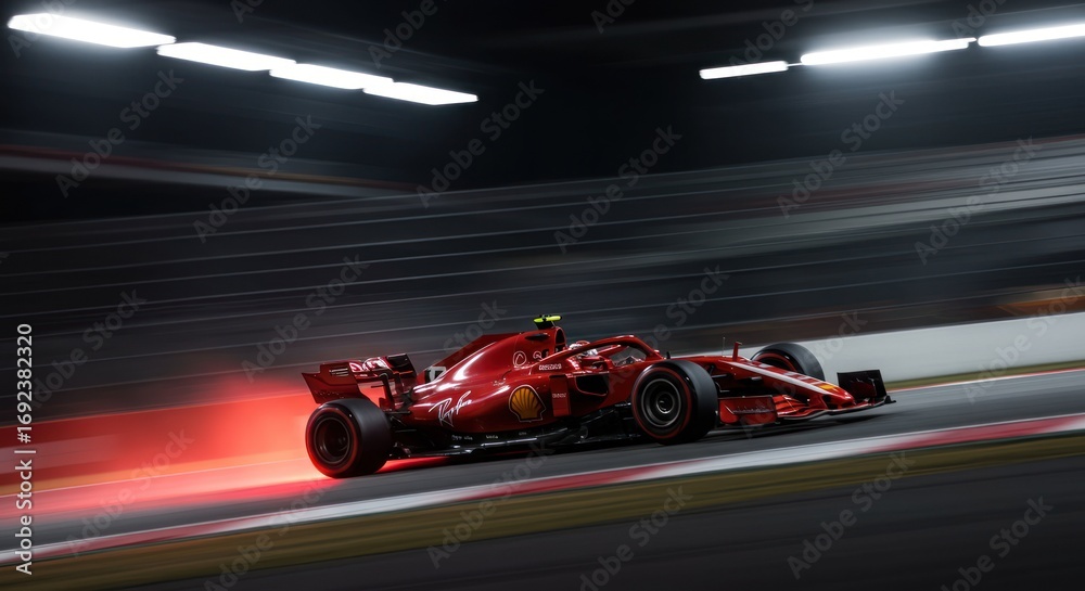 Naklejka premium Red race car speeding on a track during a competition at night