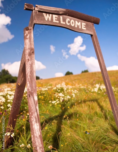 Welcome Sign in Wildflower Field Under Blue Sky.