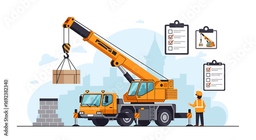 Construction site illustration with an orange mobile crane lifting a crate supervised by a worker with checklists. EPS Editable