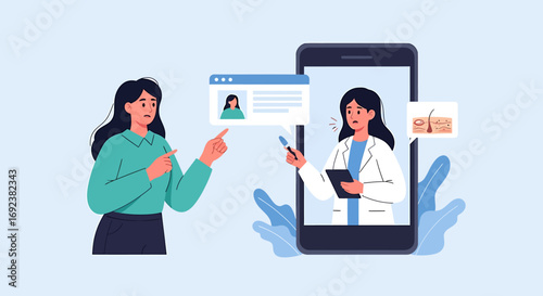 Concerned patient having an online video consultation with a doctor about a skin condition via smartphone. EPS Editable