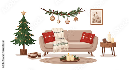 Cozy Christmas living room illustration with a decorated tree sofa red pillows and warm candles. EPS Editable