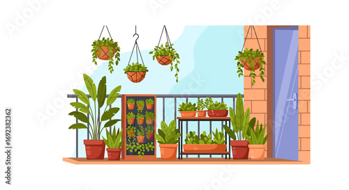 Cozy balcony garden illustration with diverse potted plants hanging baskets and a vertical planter. EPS Editable