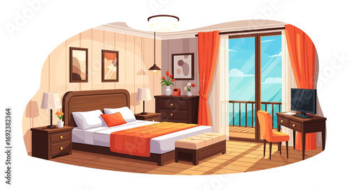 Cozy hotel bedroom interior with wooden furniture orange accents and a sunny balcony view. EPS Editable