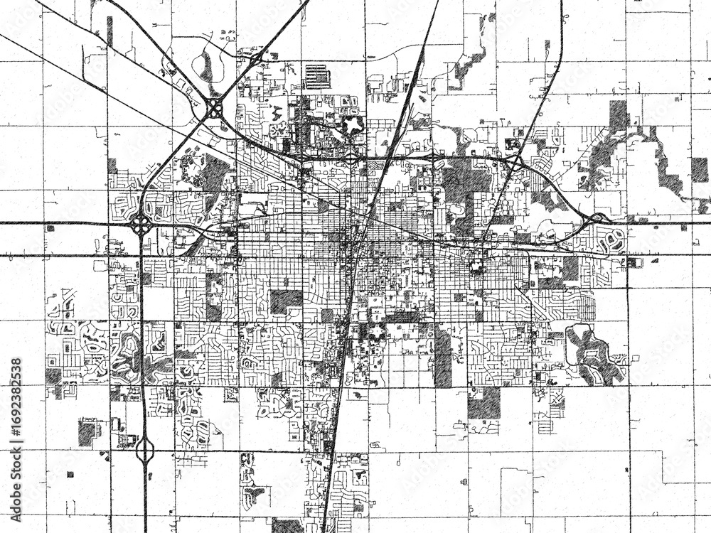 Naklejka premium Urban map of Champaign, Illinois, illustrated in monochrome with a strong grid and shaded elements.