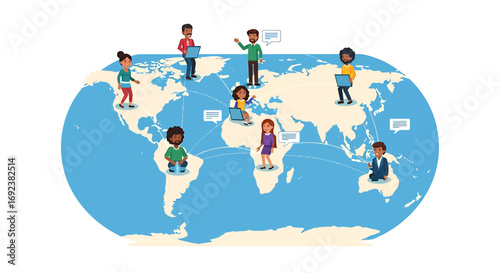 Diverse cartoon people with laptops communicating on a stylized world map illustrating a global digital network. EPS Editable