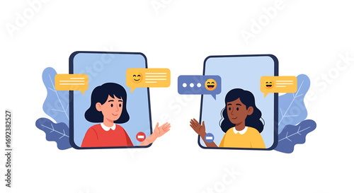 Diverse female friends video calling and chatting on smartphones with message bubbles. EPS Editable