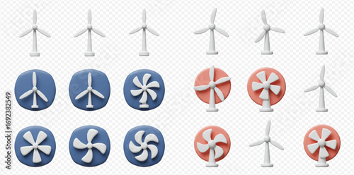 A collection of 3D rendered wind turbine and fan icons illustrating renewable energy and air movement concepts.