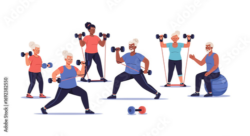 Diverse group of active seniors exercising with dumbbells resistance bands and a stability ball. EPS Editable
