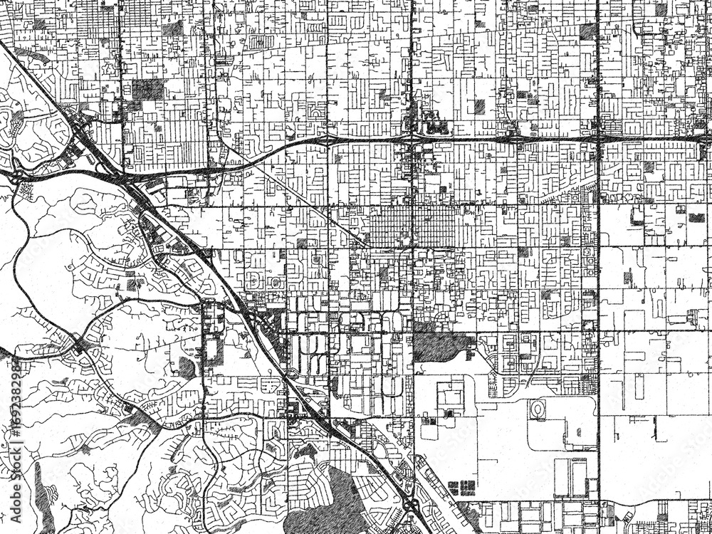 Obraz premium Stylized monochrome city map of Chino, California, created in a hand-drawn digital style with bold lines and shaded textures.