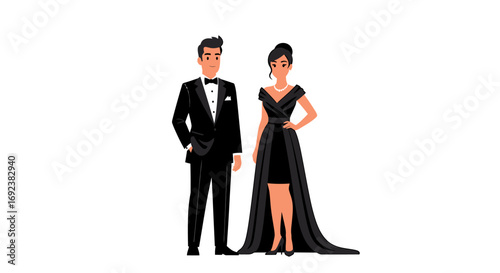 Elegant cartoon couple in formal black attire man in tuxedo and woman in evening gown. EPS Editable
