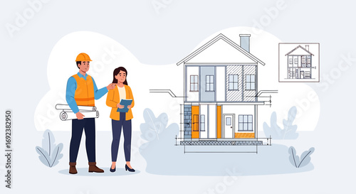 Engineer in hard hat with blueprints and a woman discussing a house crosssection plan. EPS Editable