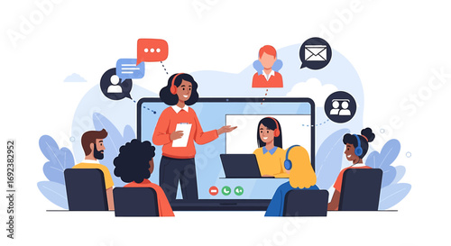 Wallpaper Mural Diverse team in an online webinar Flat vector illustration of a virtual meeting with a female presenter on a laptop screen and a remote audience. EPS Editable Torontodigital.ca