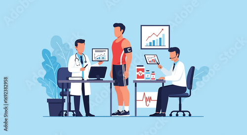 Doctors consulting a male athlete in a sports medicine clinic analyzing performance graphs and health data. EPS Editable
