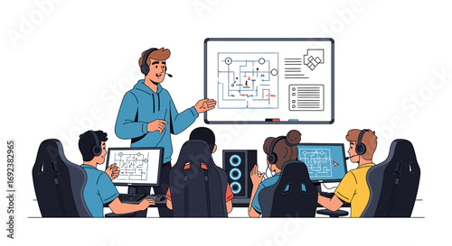 Esports coach in a blue hoodie explains game strategy on a whiteboard to his team of young gamers. EPS Editable