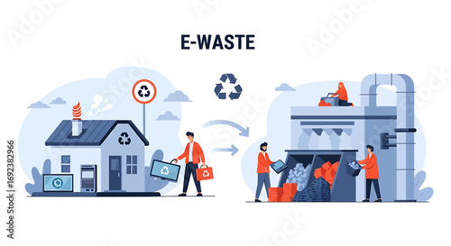 Ewaste recycling process concept illustration People taking old electronics from home to a sorting facility for proper disposal and management. EPS Editable