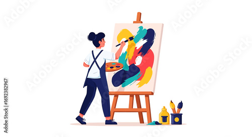 Female artist in an apron painting a vibrant colorful abstract composition on a canvas easel. EPS Editable