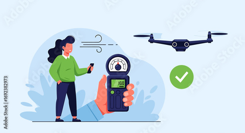 Female drone pilot checking wind speed with a digital anemometer ensuring safe flight conditions for a quadcopter. EPS Editable