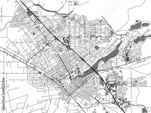 Decorative map of Chico, California, in hand-drawn digital style, balancing urban detail with a monochrome look.
