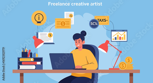Female freelance artist working on a laptop surrounded by financial and project management icons. EPS Editable