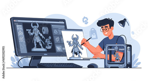 Flat illustration of a designers workflow from digital 3D modeling on a computer to printing a physical miniature figurine. EPS Editable