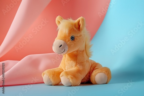 Minimalist photography showcasing a plush toy horse on a pastel-colored background with soft fabric drapes