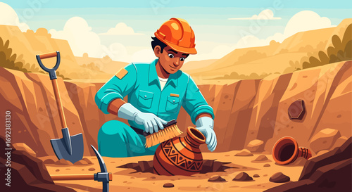 Focused archaeologist in a teal uniform carefully unearthing a patterned clay pot. EPS Editable