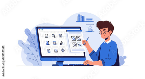 Focused graphic designer with glasses and a blue sweater working on a computer creating icons. EPS Editable