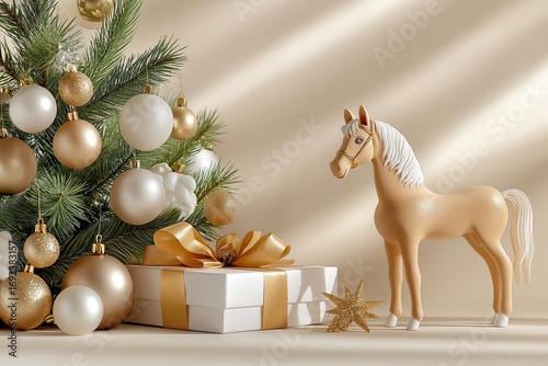 Wooden toy horse beside beautifully wrapped gift near decorated Christmas tree with golden ornaments