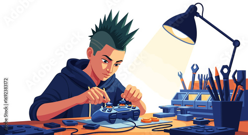 Focused teenager with a green spiky mohawk carefully repairing a video game controller. EPS Editable