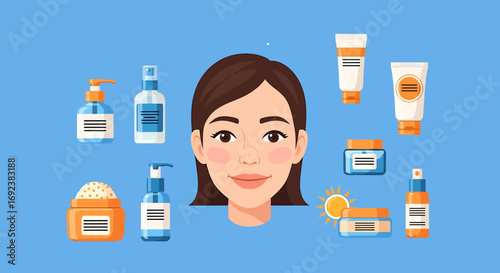 Flat vector illustration of a womans face surrounded by a set of skincare products like cream lotion and sunscreen. EPS Editable