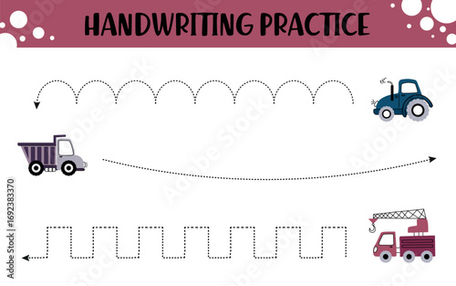 Handwriting practice worksheet for kids featuring dotted tracing lines with cartoon vehicles including a dump truck, tractor, and crane truck