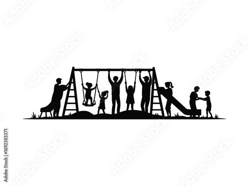 Joyful family playing together on a playground scene silhouette white background