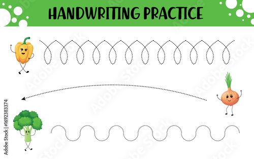 Handwriting practice worksheet for kids with dotted tracing lines and cute vegetable characters including yellow bell pepper, onion, and broccoli